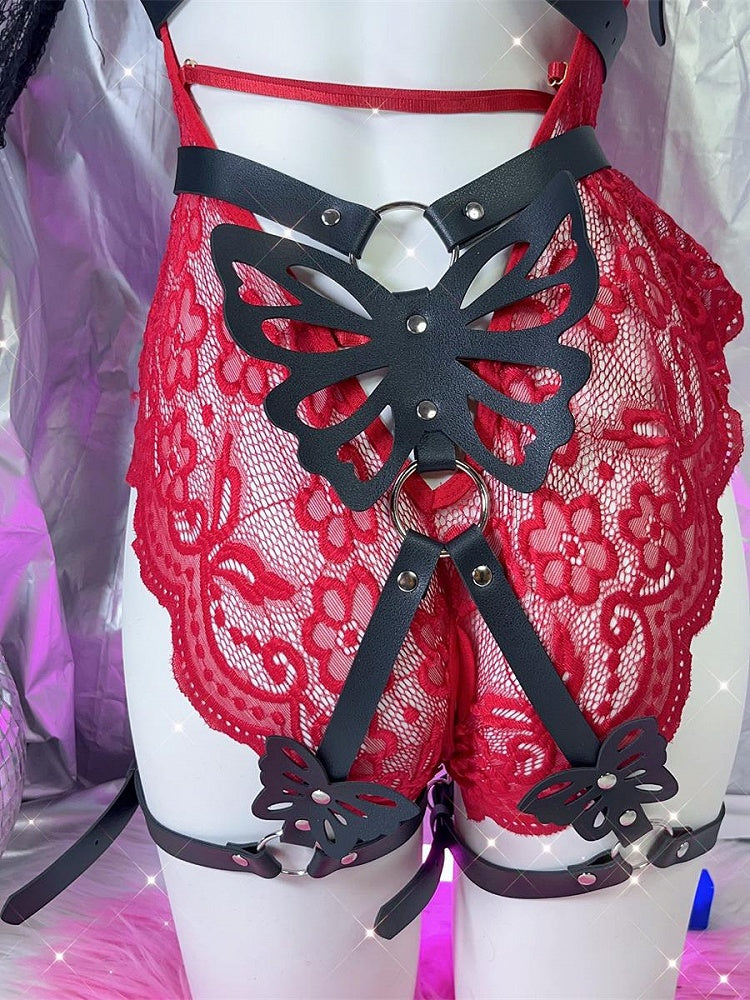 Harness Design Strumpfband mit Gürtel Schmetterling Schwarz PU