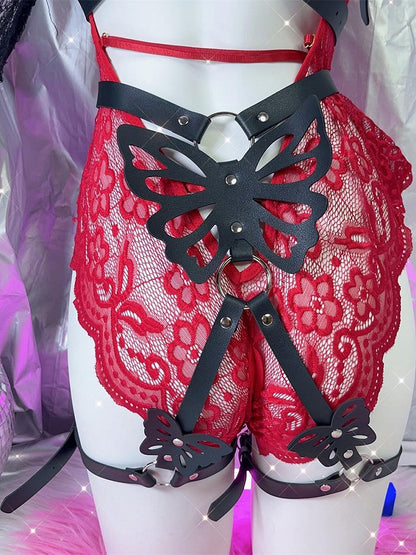 Harness Design Strumpfband mit Gürtel Schmetterling Schwarz PU