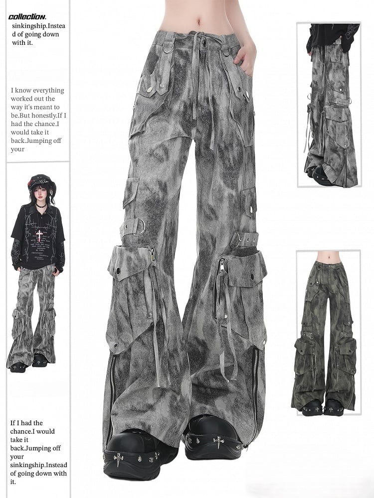 Grau/Grün verblasste Vintage Dark Wash Wide-Leg-Cargojeans mit Reißverschlussbündchen