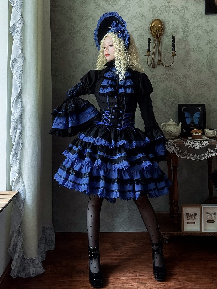 Waist Klein High Black and Gothic Blue Lolita Skirt Layered Corset