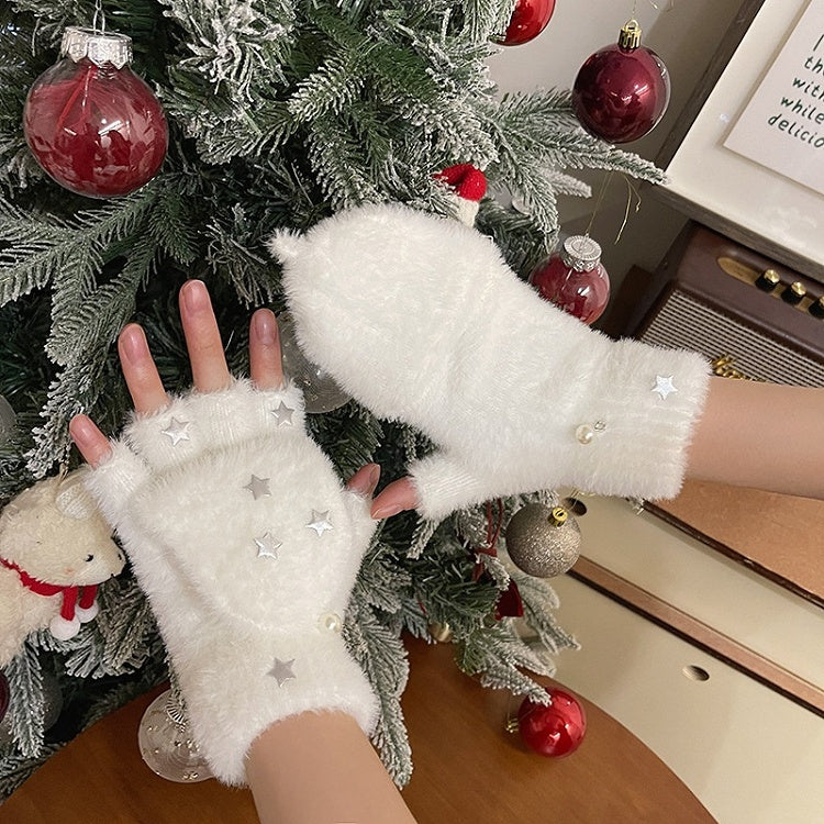 Schwarz/weiße Plüschhandschuhe mit Stern-Klappe