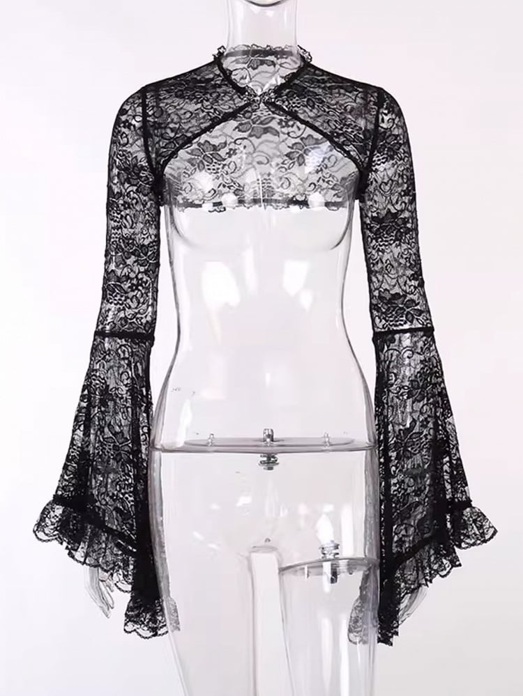 Lace Trim Halloween Shrug with Bell Black Embroidered Gothic Sleeves