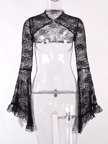 Lace Trim Halloween Shrug with Bell Black Embroidered Gothic Sleeves