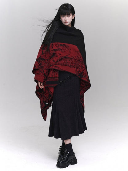 Red Illustration Poncho Black Ethnic Gothic