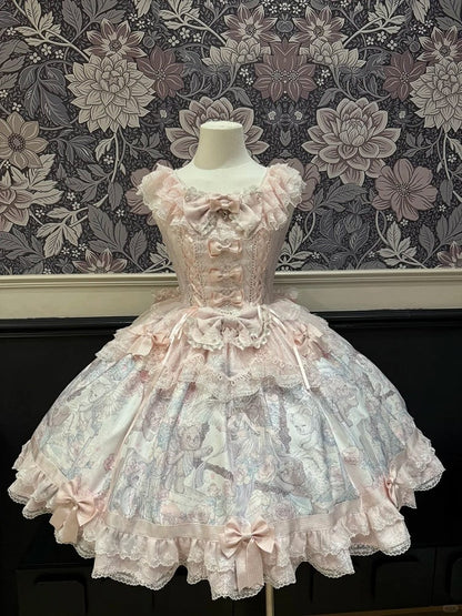 Sweet Pink Bowknot Hem Bear JSK Angel Dress with Decorated Print Lolita