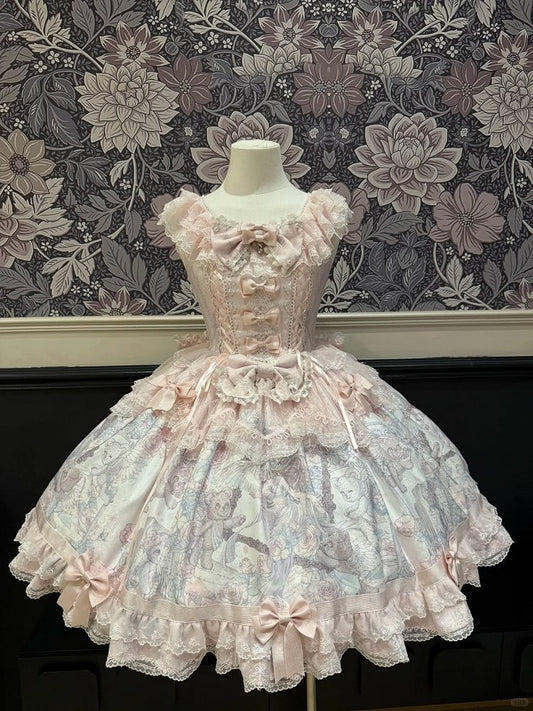 Sweet Pink Bowknot Hem Bear JSK Angel Dress with Decorated Print Lolita