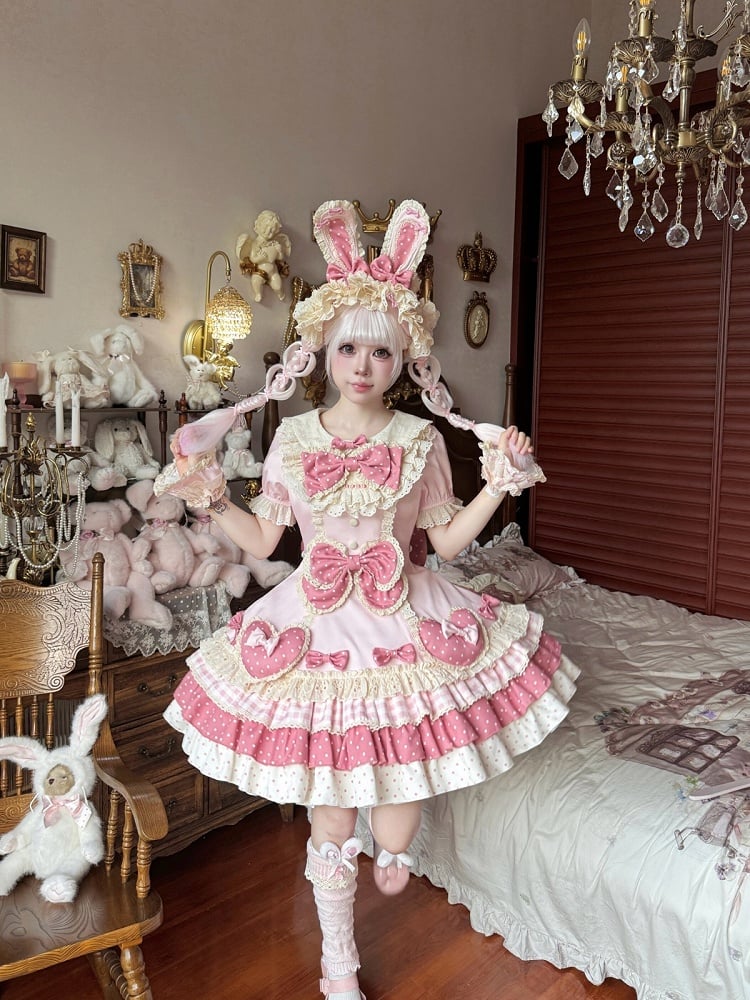 Pink Puff-Sleeved Tiered OP Sweet Lolita Dress Adorned with Bowknots & Heart Details - Sweet Crystal