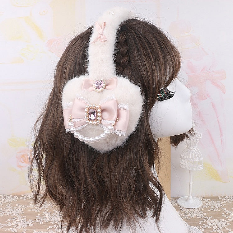 3 Earmuffs Bowknot Plush Options Jirai Rhinestone Pearl Color Kei