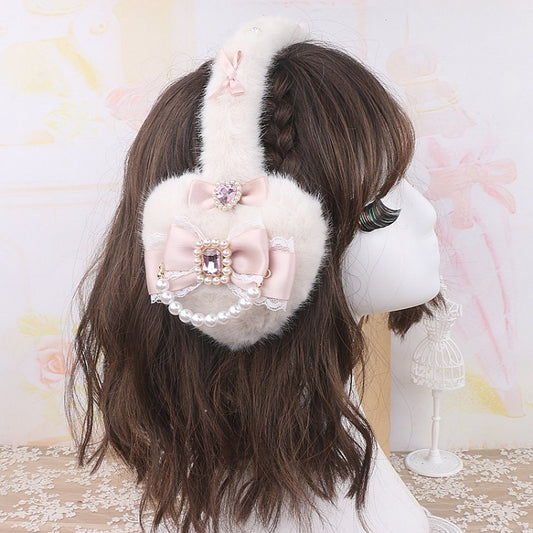 3 Earmuffs Bowknot Plush Options Jirai Rhinestone Pearl Color Kei