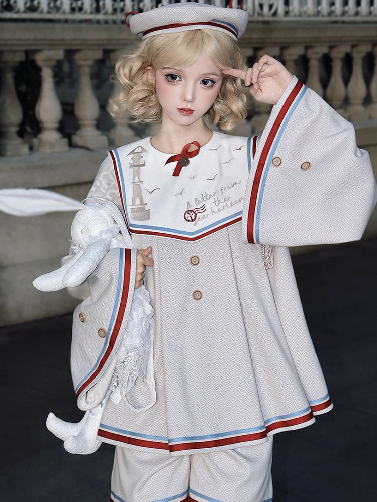 Beige Ouji Sailor Lolita Full Set-Beige Sailor Collor Top + Beige Ouji Shorts + Beige Beret Hat