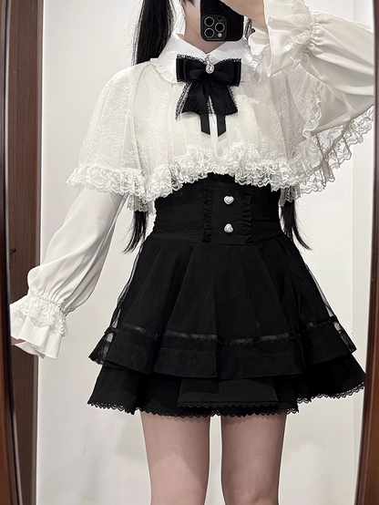 Cape with White Size Kei Tie Jirai Blouse Bow Lace Available Detachable Plus
