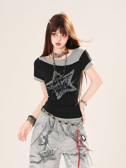 ブラックグレーの星柄フェイクツーピースTシャツ