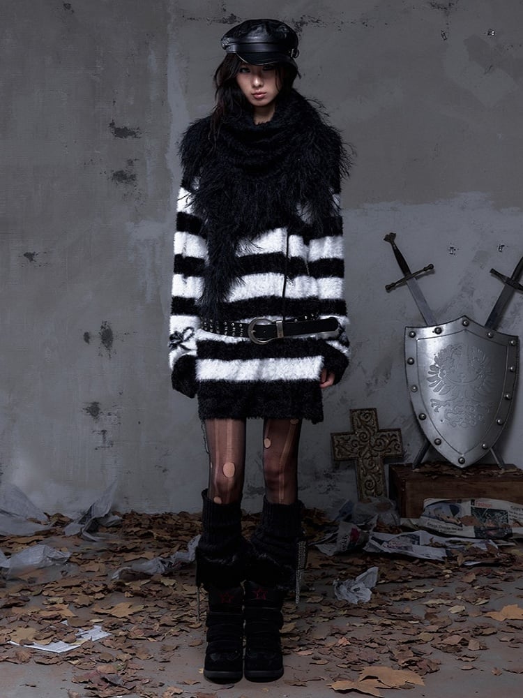 Triangle Scarf Black Vintage Y2K with Mink Faux Punk Long Fringe