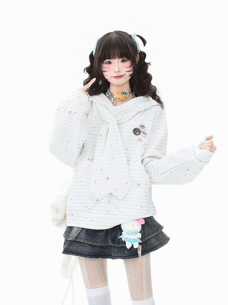 Adorable Puppy with Hoodie Blue/Pink Accents and Print Badge Striped