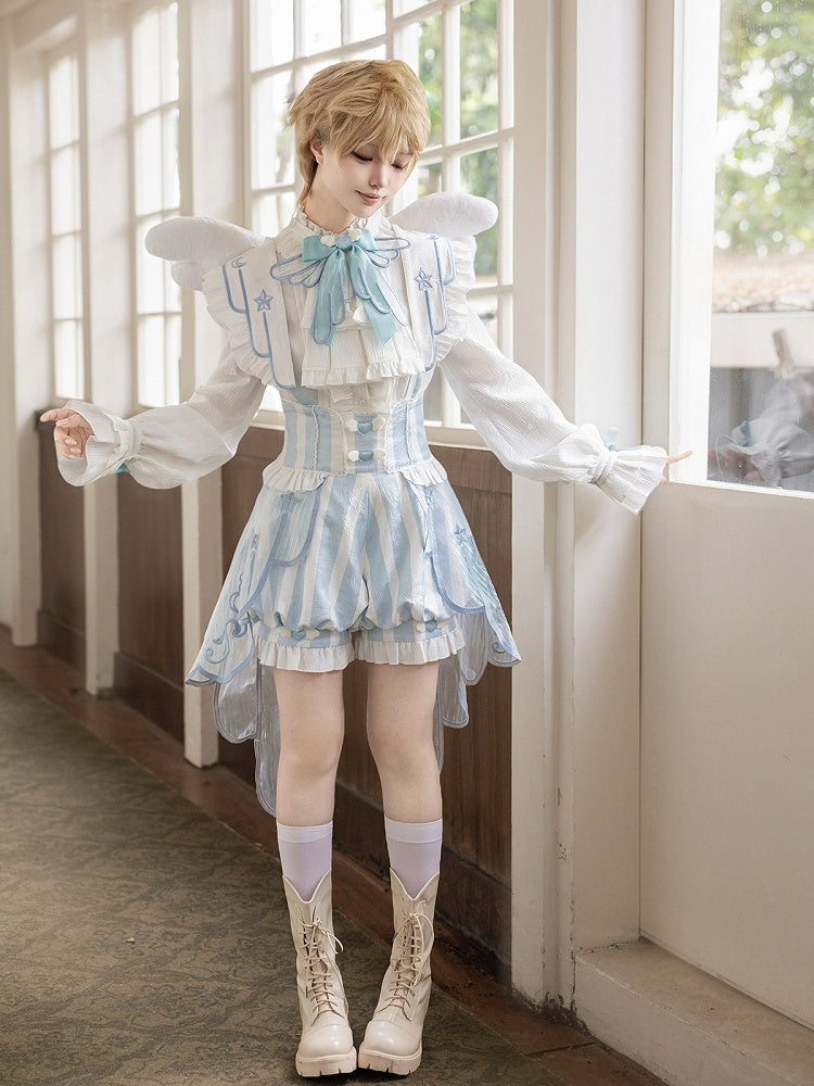 White & Blue Long Sleeves Ouji Style Lolita Shirt + Striped Lolita Suspender Bloomer Shorts with Angel Wing Train Set - Unknown Star