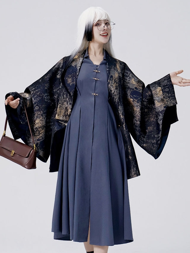 Vent Golden Button Back Unisex Cuffs Chinese Blazer Snap Single Design Style - Navy Blue