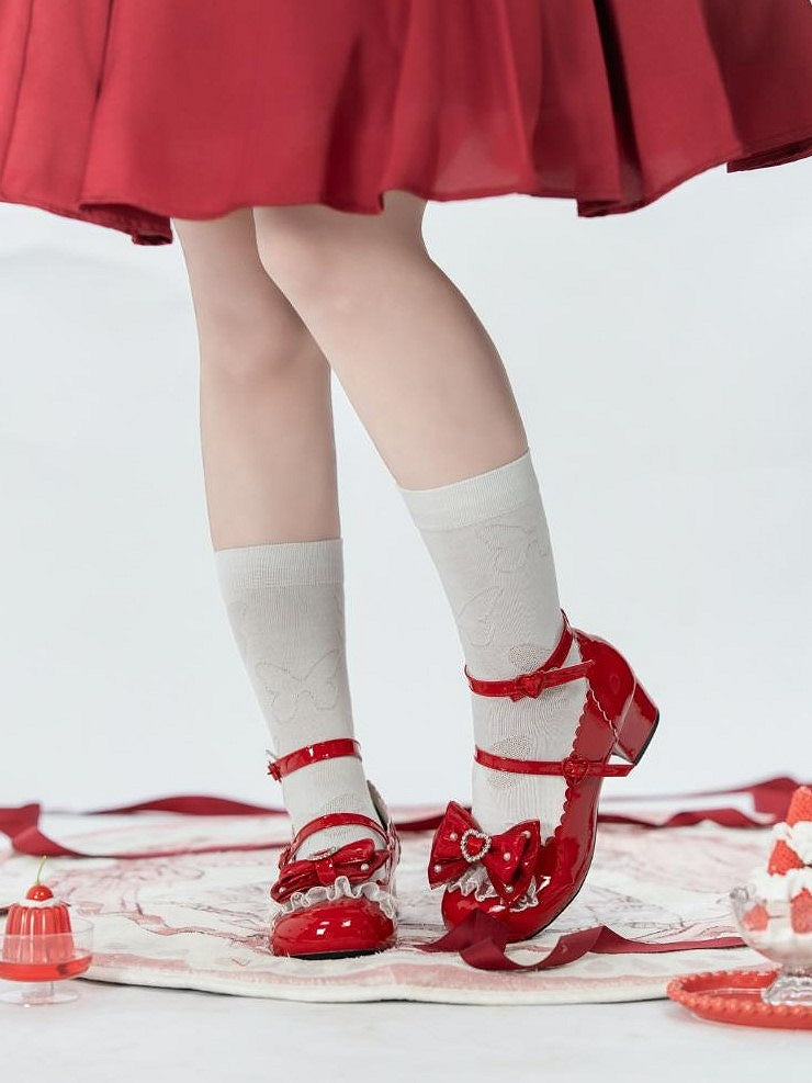 Janes with Elegant Lace Mid-heel Lolita Trim Red Mary