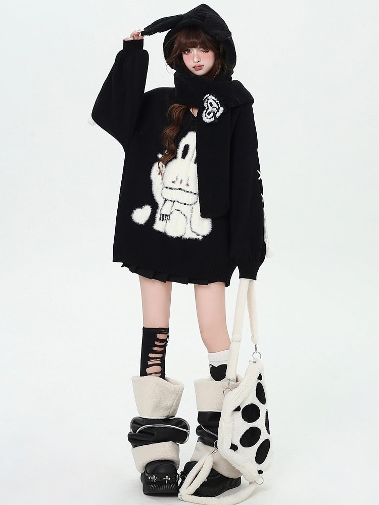 Black Cute Bunny V-neck Loose Sweater Lace-up Detail at Sleeves