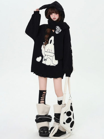 Black Cute Bunny V-neck Loose Sweater Lace-up Detail at Sleeves