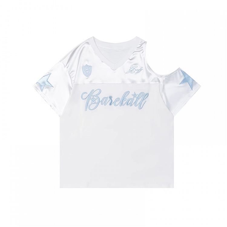 T-shirt Weiß V-ausschnitt Ausschnitt Schulter Brief Stickerei Lose