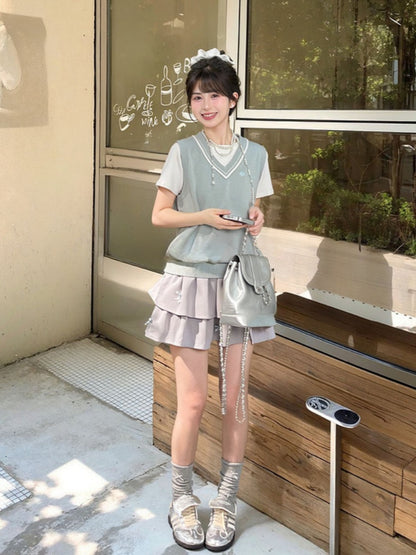 Green V-Neck Preppy JK Uniform Knitted Vest Light