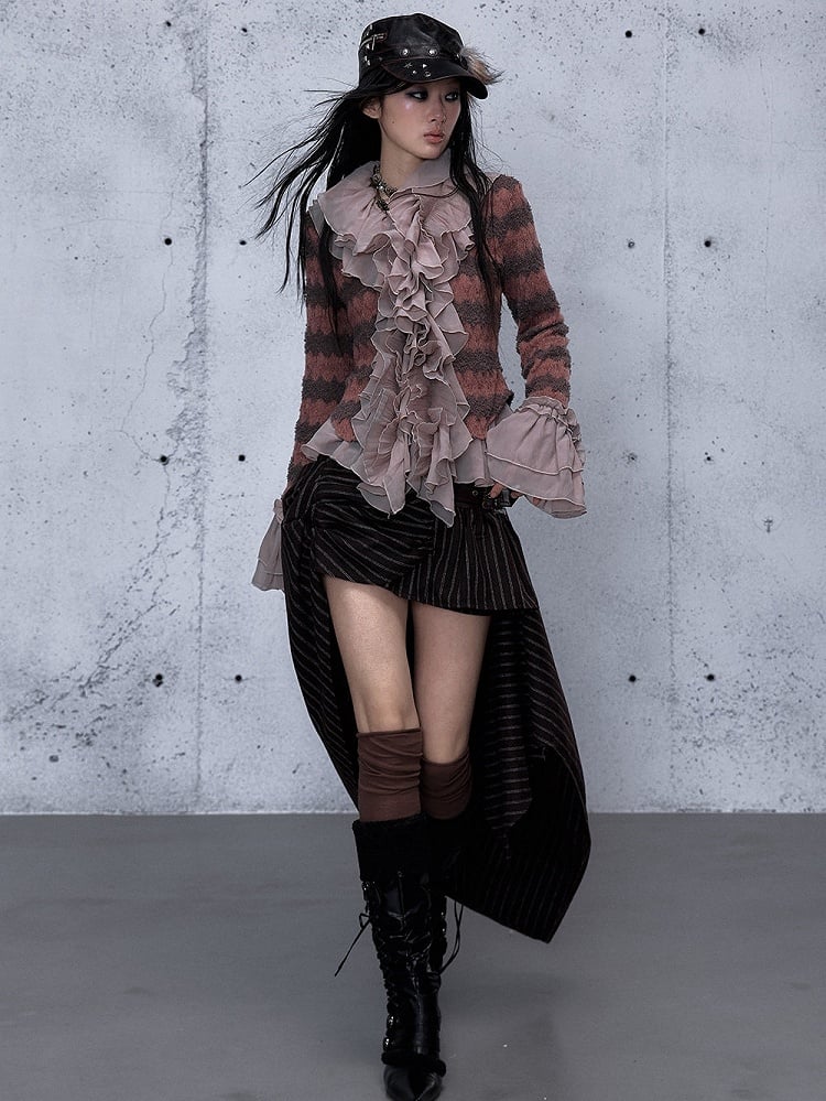 Cascading Trim Bell Top Flounced Ruffle - Cuffs Pink Dusty Striped Sleeve