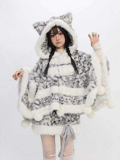 Cape Plush Print Pom-pom Bittersweet Accents Leopard Gray -