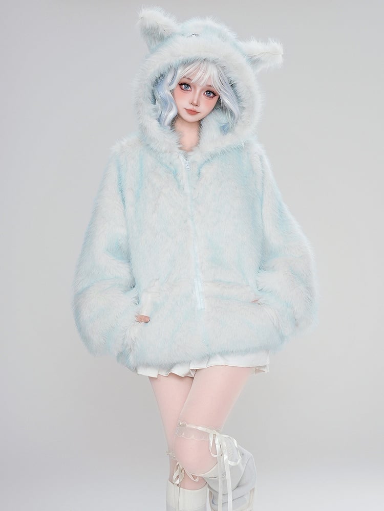 Blaue Winterjacke mit Kapuze und Reißverschluss im Design „Süßes Schneemonster“ aus Kunstpelz