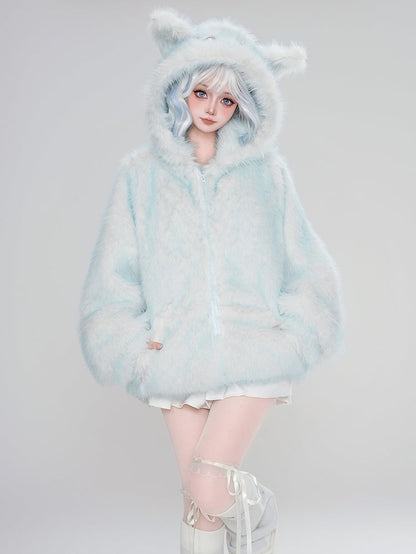 Blaue Winterjacke mit Kapuze und Reißverschluss im Design „Süßes Schneemonster“ aus Kunstpelz