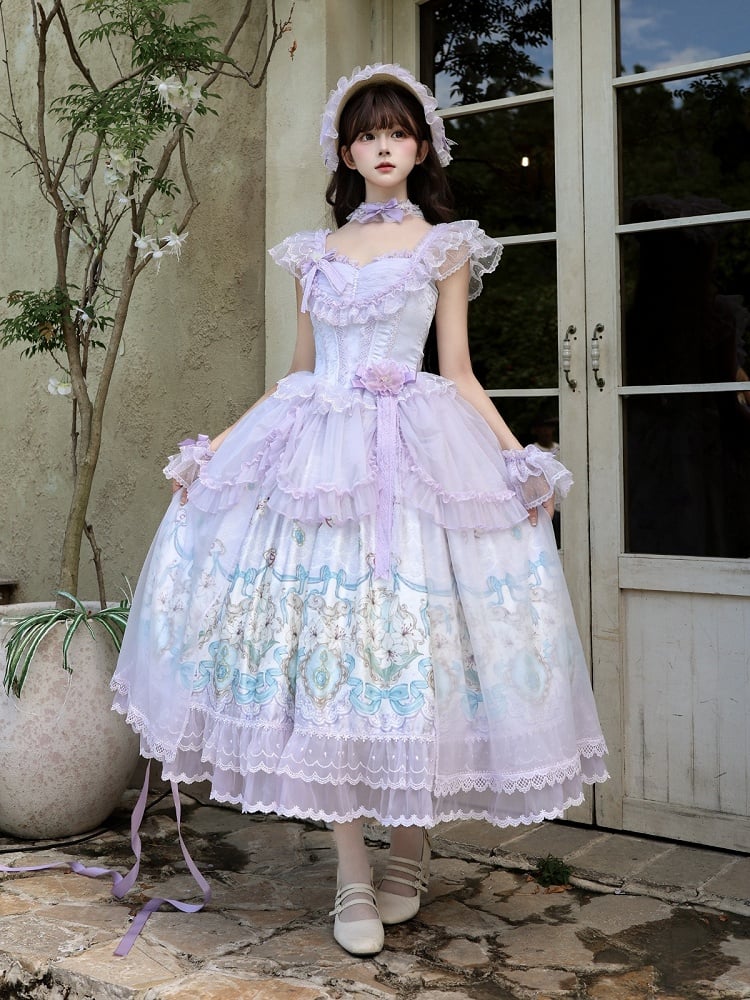 Purple Lily Print Lolita JSK Gown with Tulle Overlay and Back Bow Set - White Sugar Girl