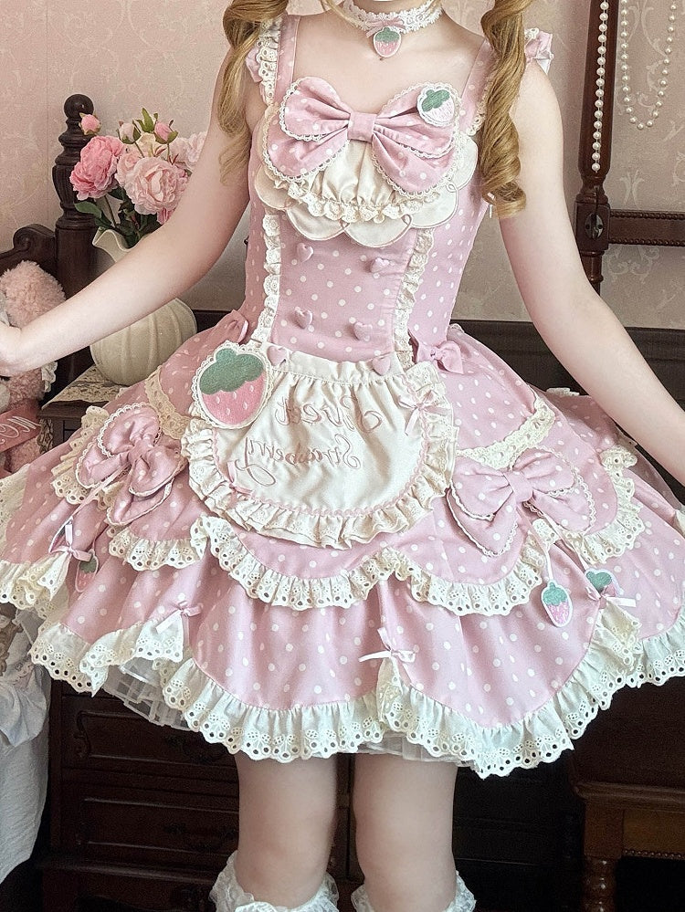 Details Pink Lace with Light Bow Dot Sweet Strawberry JSK and Lolita Polka Themed Dress