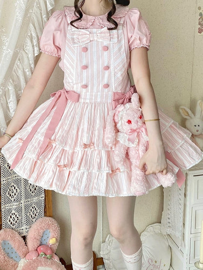 Layered Overall Lolita with Sweet Pink Ruffle Striped Dress Bow Accents