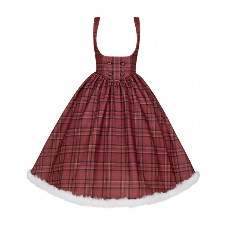 Red Plaid Pattern Under Bust Christmas Vibes Lolita Dress Boned Waist and Plush Hemline Long Version