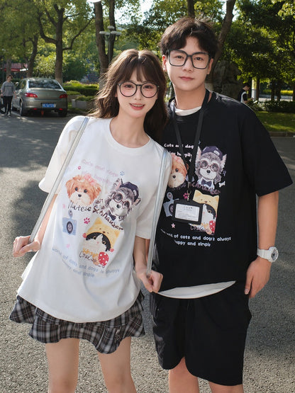 ホワイト/ブラック/ダークブルー ラウンドネック 子犬と子猫プリント ルーズTシャツ