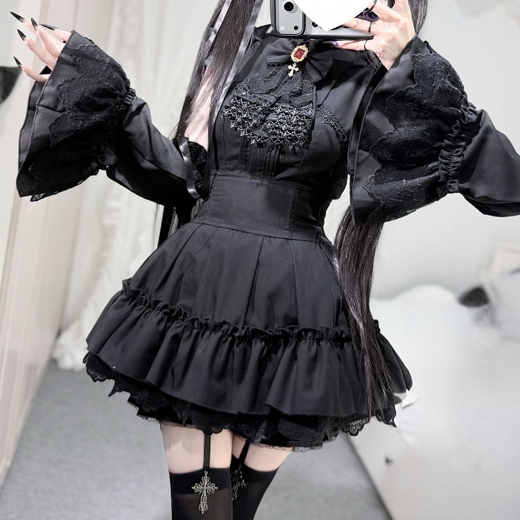 Lace Kei Jirai with Edging Black Skirt Waist Cross High
