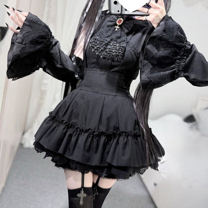 Lace Kei Jirai with Edging Black Skirt Waist Cross High