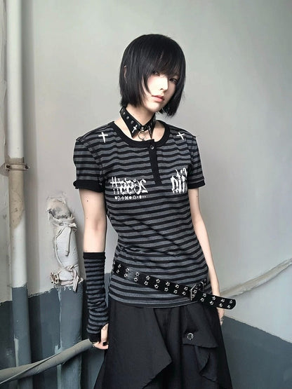 Y2K Striped T-Shirt with Cross and Gothic Letter Details - Alita26SS