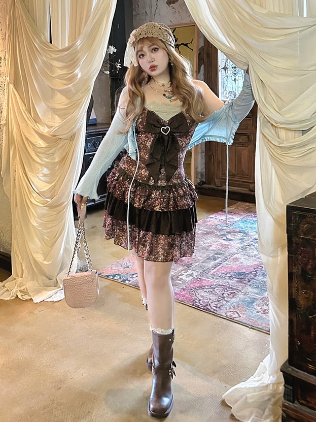 Top / Plus Size Braunes Slip-Kleid mit Blumendruck Mintgrün