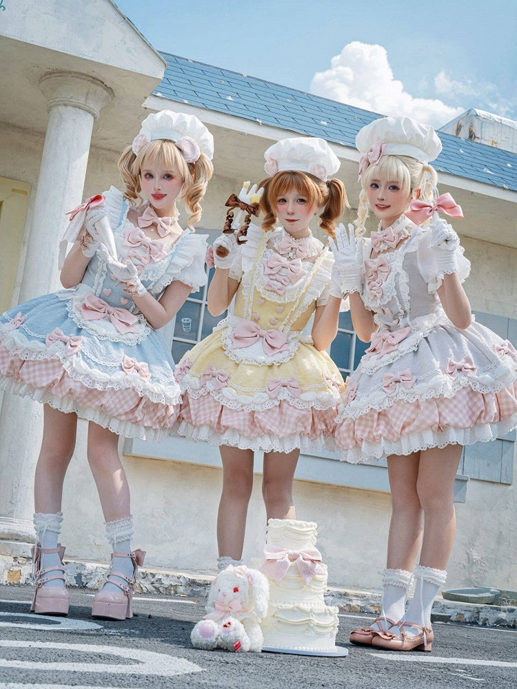 Light Purple Sweet Bow Plaid Short Sleeve Lolita OP Dress with Apron Set - Asleep Townlet