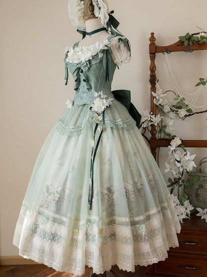 Dekoration Set Jasmin Print Top Grün Rock Lolita Korsett Klassische Lange Floral +