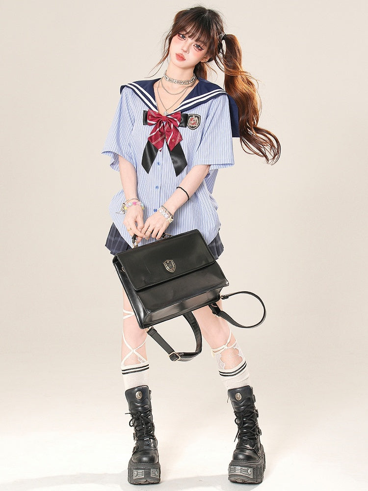 Kawaii Striped With Daily Pattern Bow Blue Sailor Tie Collar Shirt