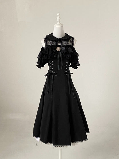 Off-Shoulder Jacquard Dress with Bow Accents, Peter Pan Collar, 4 Colorways - Kitty Bxllet