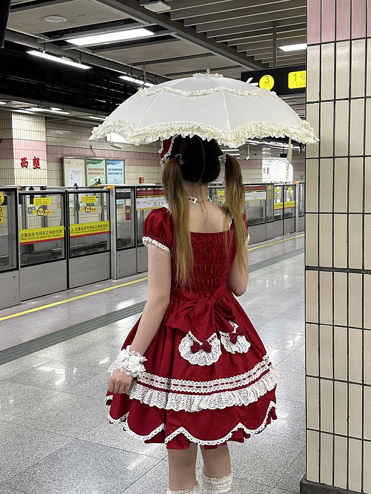 Old School Stück und Quadrat Kleid Baumwolle Kurze Rote Puffärmel Ein Ausschnitt Lolita