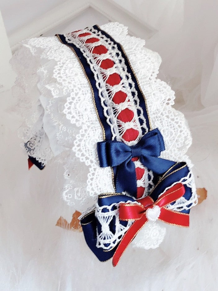White&Blue Snow White Vibes Bowknot Details Lace Trim Hairband
