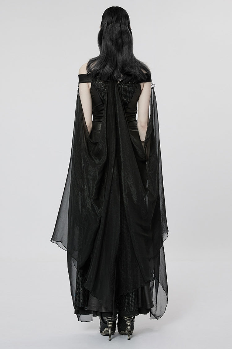 Black Side Slit Hollow Lace-Up Slim Mesh Gothic Dress with Detachable Cape