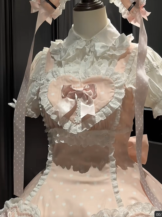 Lolita Light White and Bows Dress Sweet Motifs Lace-Trimmed with Pink Heart