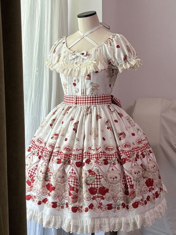 Teddy Lolita White Print Cherry Dress Sweet and Gingham Red