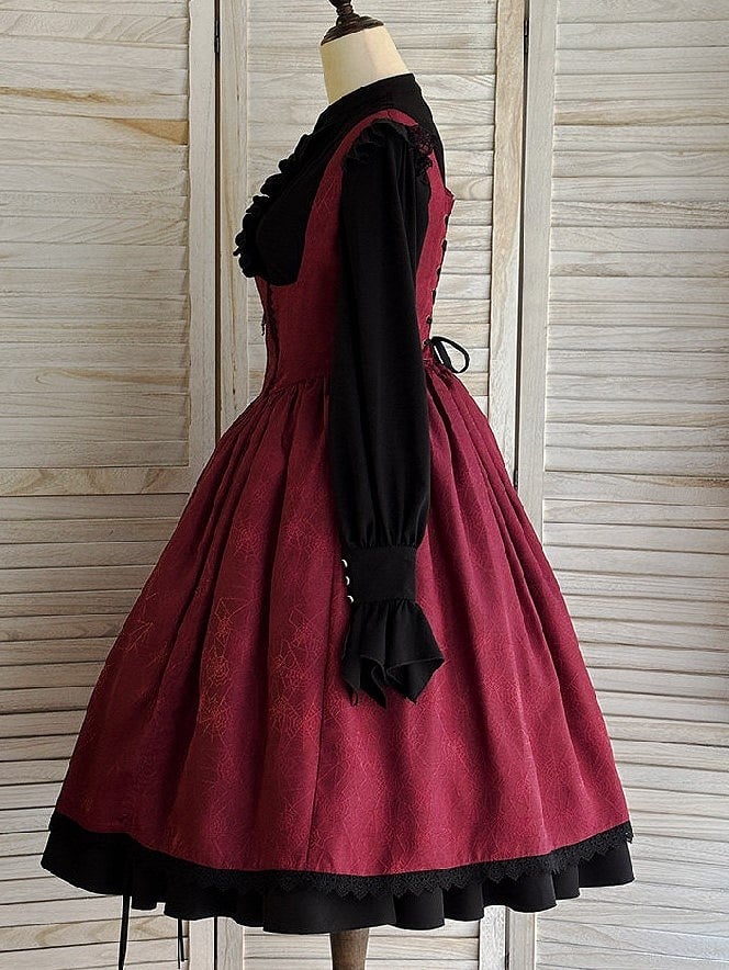 Waist Lolita Gothic Straps Drawstring Cross JSK Basque Dress and Red Shoulder Embroidery with Lace-Trimmed