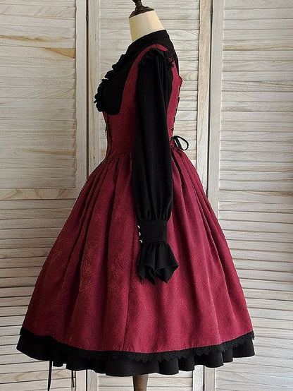 Waist Lolita Gothic Straps Drawstring Cross JSK Basque Dress and Red Shoulder Embroidery with Lace-Trimmed