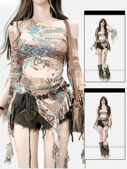 Print Cascading Asymmetrical Accents Ruffle Design Khaki Neckline